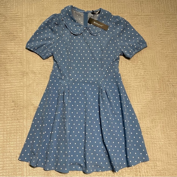 NWT Allegra K Heart Print Short Sleeve A-Line Peter Pan Collar Mini Dress Blue - Picture 2 of 13